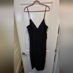 St. John V-Neck Satin Crepe Midi Dress Plus Size 16 Black Sleeveless Cocktail